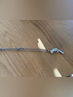 Silver Tone Crystal Pistol Pendant Necklace - Silver antique